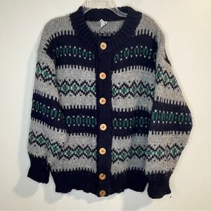 Vintage Chunky Navy and Gray Wool Cardigan with Green Accents Made in Greece